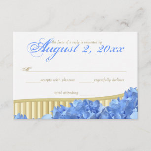 Blauwe hortensia's en gouden strepen RSVP kaartje