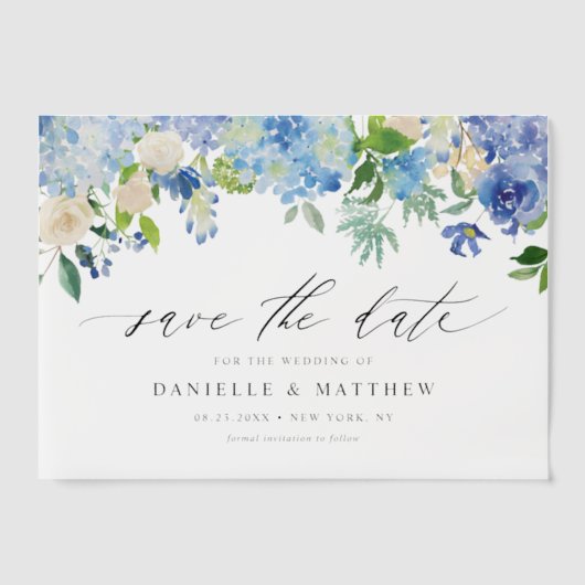 Blauwe hortensia's en ivoren Rozen Bewaar de datum Vellum Uitnodigingen (Voorkant)