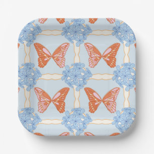 Blauwe hortensia's en roze en Oranje vlinders Papieren Bordje