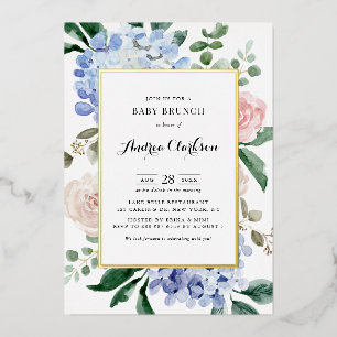 Blauwe Hortensia's en Roze Rozen Baby Brunch Folie Uitnodiging