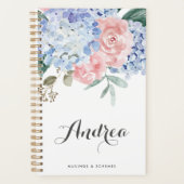 Blauwe hortensia's en roze rozen script planner (Voorkant)