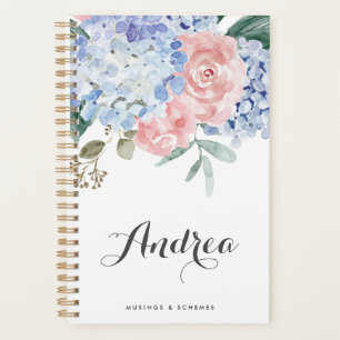 Blauwe hortensia's en roze rozen script planner