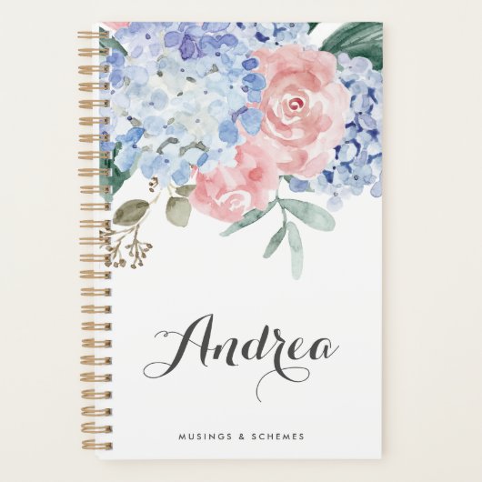 Blauwe hortensia's en roze rozen script planner (Voorkant)
