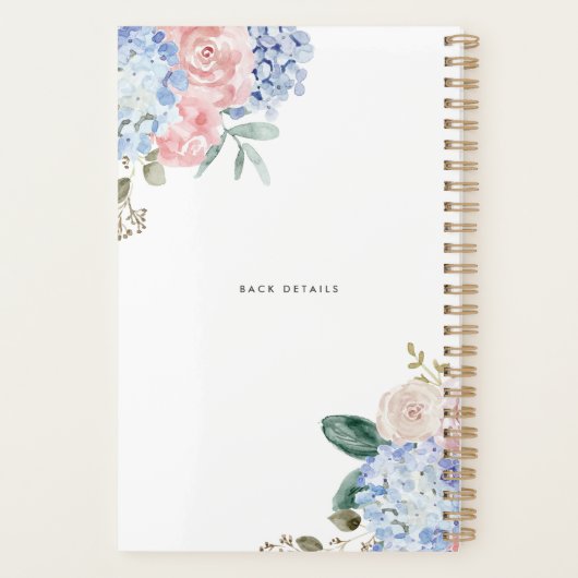 Blauwe hortensia's en roze rozen script planner (Achterkant)