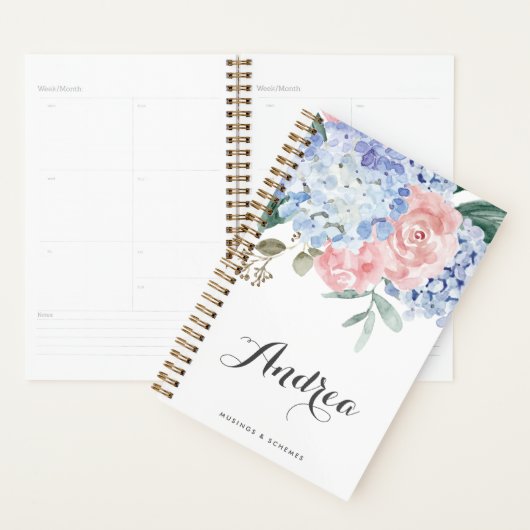 Blauwe hortensia's en roze rozen script planner (Display)