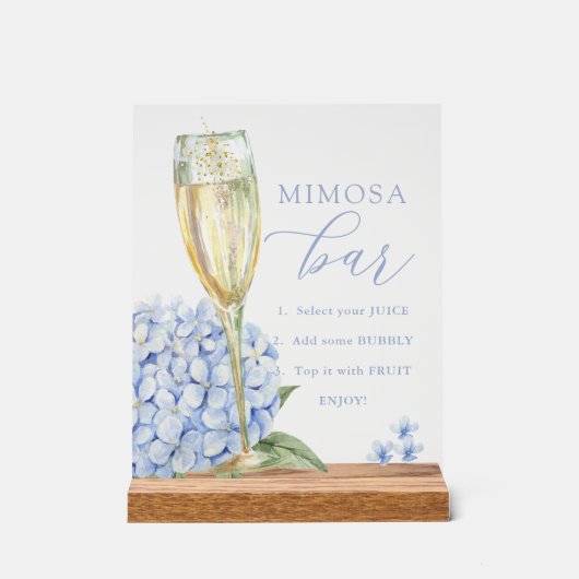 Blauwe hortensia's & gouden glas Mimosa Bar Acryl Bord (Voorkant)