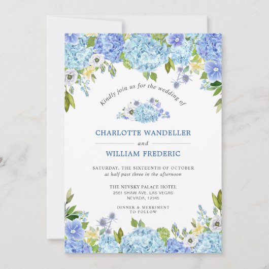 Blauwe Hortensia's Groen Waterverf Trouwen Kaart (Voorkant)