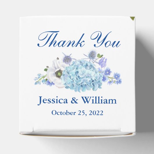 Blauwe Hortensia's  Groene planten  Bloemstuk Brui Bedankdoosjes (Bovenkant)