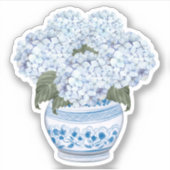 Blauwe Hortensia's in Chinees Aardewerk Pot Vinyl  Sticker (Voorkant)