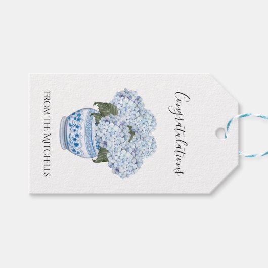 Blauwe hortensia's in Chinoiserie Pot Cadeaulabel (Voorkant (Horizontaal))
