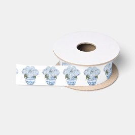 Blauwe Hortensia's in Chinoiserie Pot Satijnen Lint