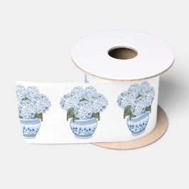 Blauwe Hortensia's in Chinoiserie Pot Satijnen Lint