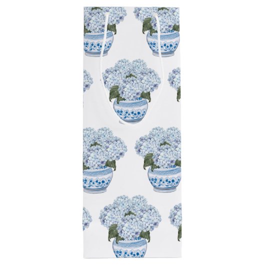 Blauwe hortensia's in Chinoiserie Pot Wijn Cadeautas (Achterkant)