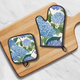 Blauwe Hortensia's | Mooie Bloeiende Struik Ovenwant & Pannenlap Set