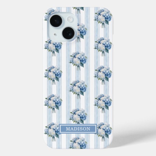 Blauwe Hortensia's op Strepen Case-Mate iPhone Case (Achterkant)