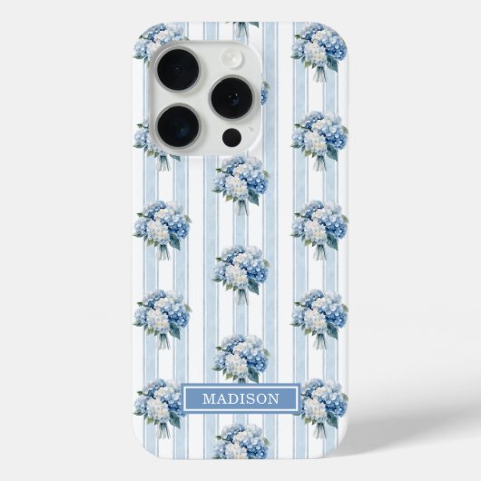 Blauwe Hortensia's op Strepen Case-Mate iPhone Case (Achterkant)