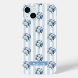 Blauwe Hortensia's op Strepen iPhone 15 Mini Hoesje
