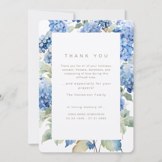 Blauwe hortensia's rouwbegrafenis Dank u Bedankkaart (Voorkant)