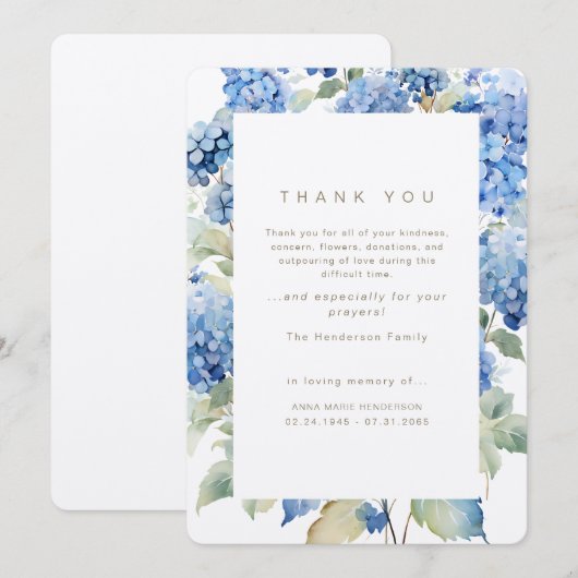 Blauwe hortensia's rouwbegrafenis Dank u Bedankkaart (Voorkant / Achterkant)
