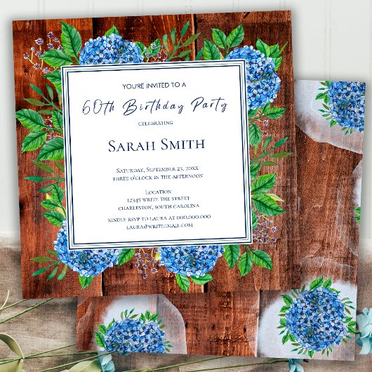 Blauwe Hortensia's Rustieke Houten 60e Verjaardags Kaart