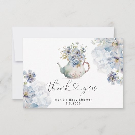 Blauwe hortensia's theepot baby shower dank u kaart (Voorkant)