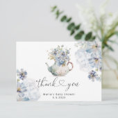 Blauwe hortensia's theepot baby shower dank u kaart (Staand voorkant)