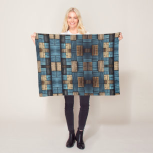 Blauwe Houten Blokken Patroon Dekbed Fleece Deken