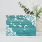 Blauwe houten kant & tekenlights bedankkaart (Staand voorkant)