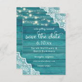 Blauwe houten kant & tekenlights save the date (Voorkant / Achterkant)