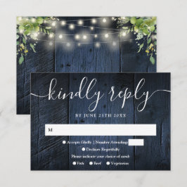 Blauwe houten slingerlichten groen boho bruiloft RSVP kaartje
