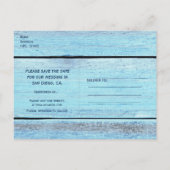 Blauwe Houten Strand Tropisch Bewaar de Datum Kaar Aankondigingskaart (Achterkant)