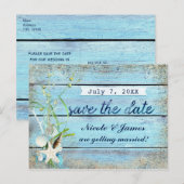 Blauwe Houten Strand Tropische Bewaar De Datum Kaa Aankondigingskaart (Voorkant / Achterkant)