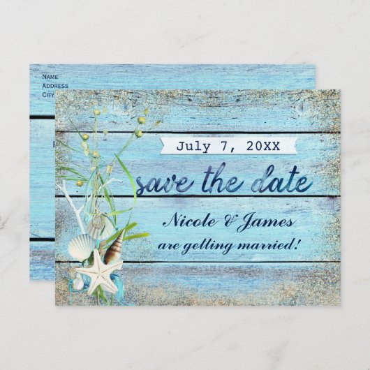 Blauwe Houten Strand Tropische Save The Date Kaart (Voorkant / Achterkant)