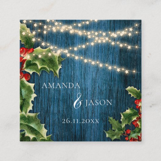 Blauwe Houten Strijklichten Kerstmis Bruiloft Deta Informatiekaartje (Voorkant)