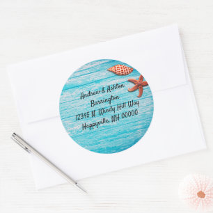 Blauwe Houten Zeester Zeeschelpen Retouradres Ronde Sticker