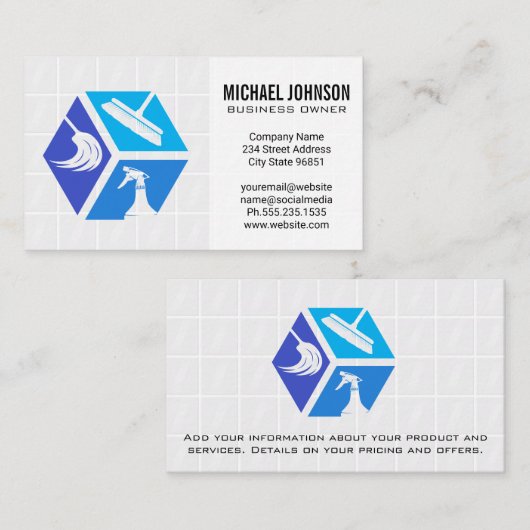 Blauwe Huis schoonmaak iconen | Badkamer Tegels Visitekaartje (Voorkant / Achterkant)