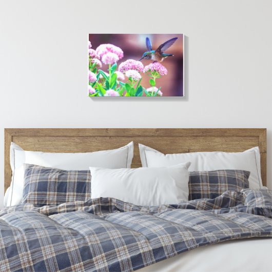 Blauwe Hummingbird Floral Stretted Canvas Afdrukke (Insitu (Slaapkamer))