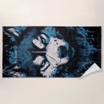 Blauwe Husky-strandtowel – Krachtige honden kunst