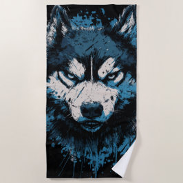 Blauwe Husky-strandtowel – Krachtige honden kunst Strandlaken