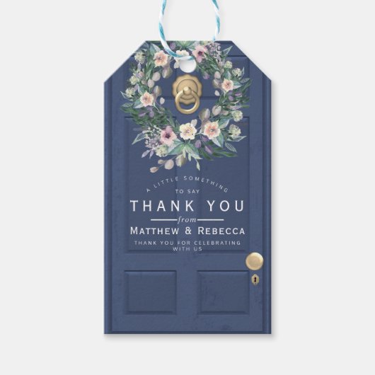 Blauwe huwelijksdeur cadeau labels cadeaulabel (Voorkant)