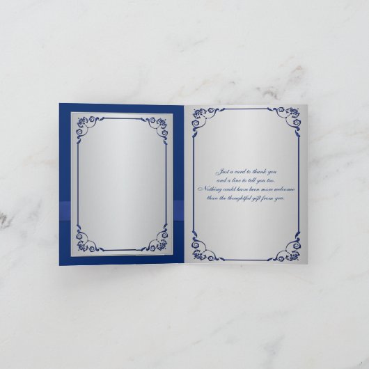 Blauwe Huwelijksfotokaart met Zilveren Bloemen voo Bedankkaart (Binnen)