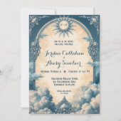 Blauwe Huwelijksuitnodiging met Zon en Wolk Kaart (Voorkant)