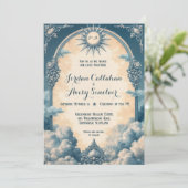 Blauwe Huwelijksuitnodiging met Zon en Wolk Kaart (Staand voorkant)
