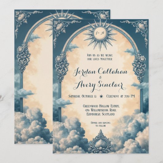 Blauwe Huwelijksuitnodiging met Zon en Wolk Kaart (Voorkant / Achterkant)