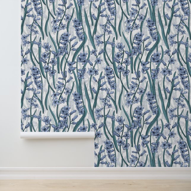 Blauwe Hyacint bloemen op wit Behang (Applicatie)