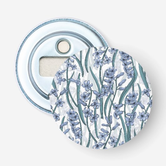 Blauwe Hyacint bloemen op wit Button Flesopener (Voorkant)