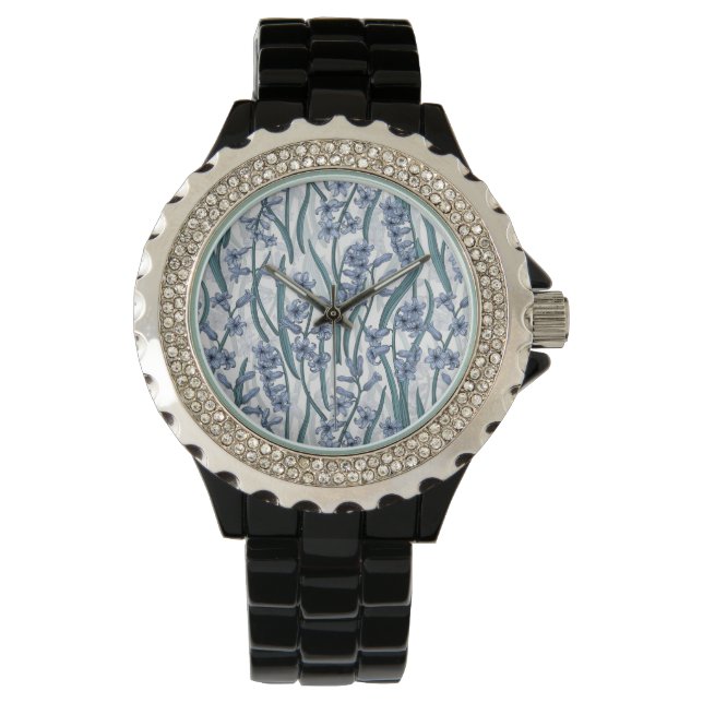 Blauwe Hyacint bloemen op wit Horloge (Voorkant)