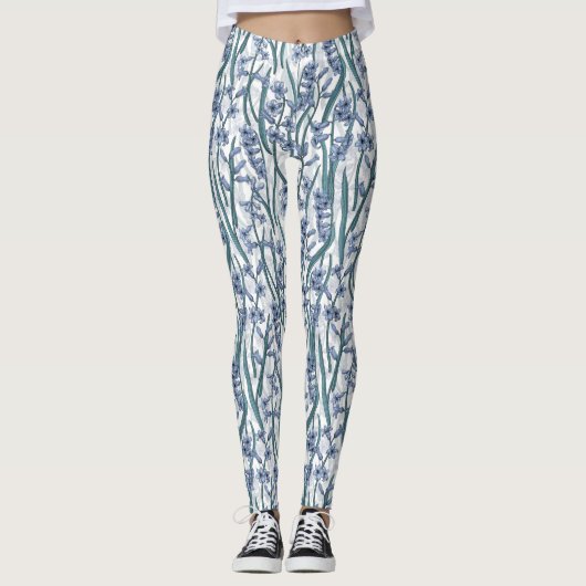 Blauwe Hyacint bloemen op wit Leggings (Voorkant)