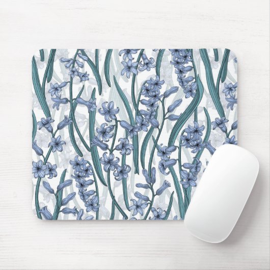 Blauwe Hyacint bloemen op wit Muismat (Met muis)