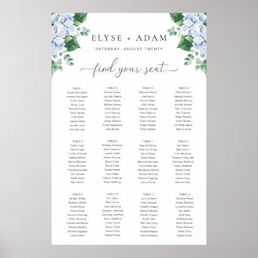 Blauwe Hydrangea 12 Tafel Zitplaatskaart Poster (Voorkant)
